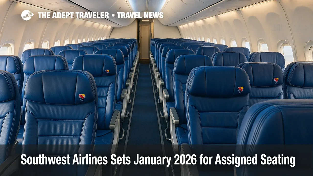 Southwest Airlines cabin aisle showing blue seats now available for assigned selection.
