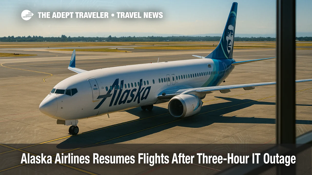 Alaska Airlines Boeing 737 at gate after IT outage recovery.