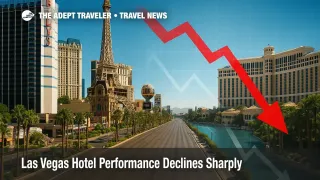 Las Vegas hotel performance decline illustrated by nearly empty Strip boulevard under bright summer sky.