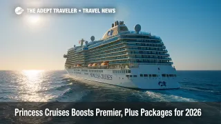 Princess Cruises ship at sea under bright late-morning sun, vivid blue sky, leaving frothy wake behind.