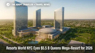 Aerial rendering of proposed Resorts World New York City expansion, highlighting hotel towers, arena, and greenspace.