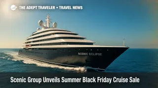 Scenic Eclipse II discovery yacht at sea promoting Summer Black Friday cruise sale.