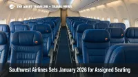 Southwest Airlines cabin aisle showing blue seats now available for assigned selection.