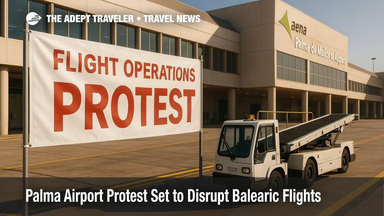 Ground-equipment scene at Palma de Mallorca Airport shows protest banner, signaling upcoming Palma de Mallorca Airport protest to travelers.