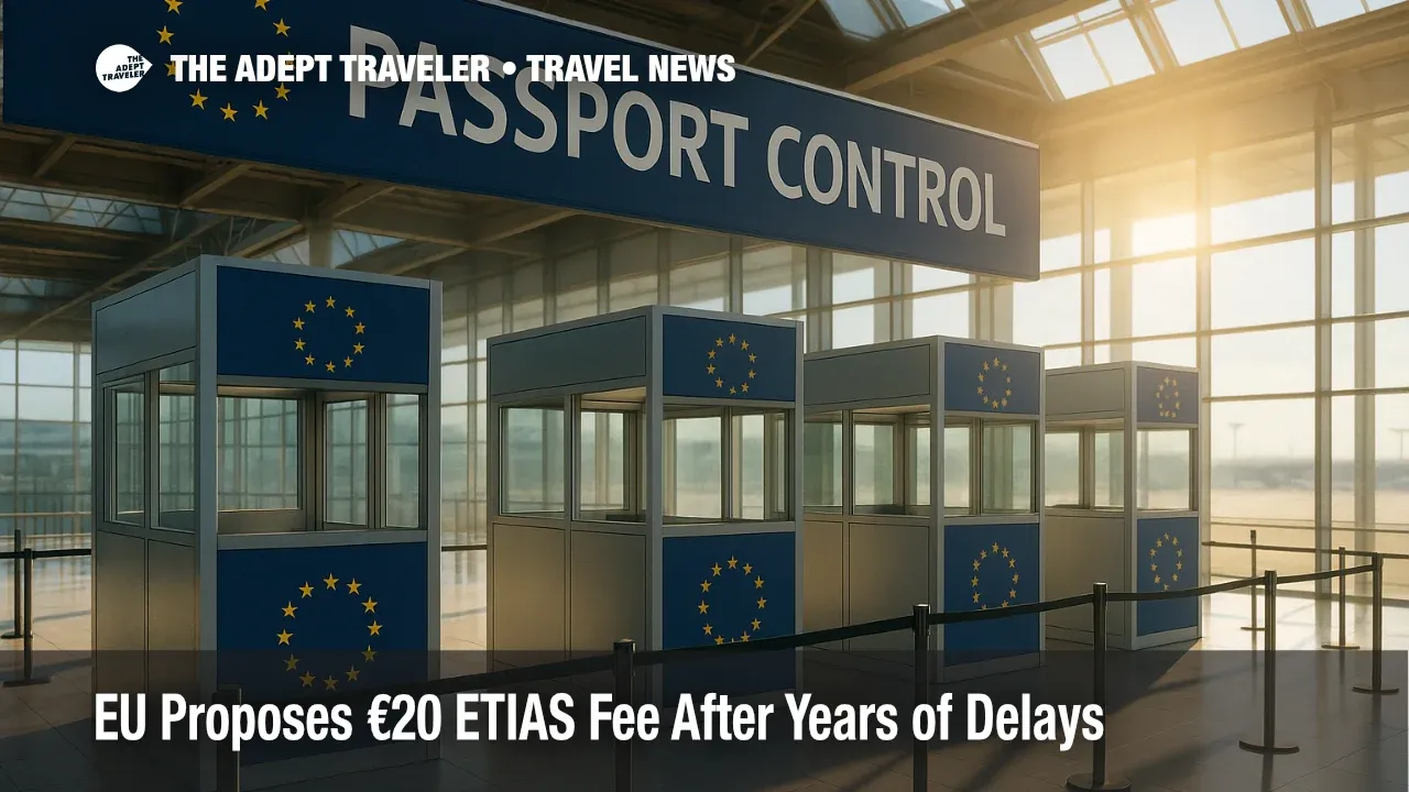 Wide-angle view of modern EU passport control booths inside an airport terminal, sunlight streaming through glass roof, illustrating Europe entry checks.
