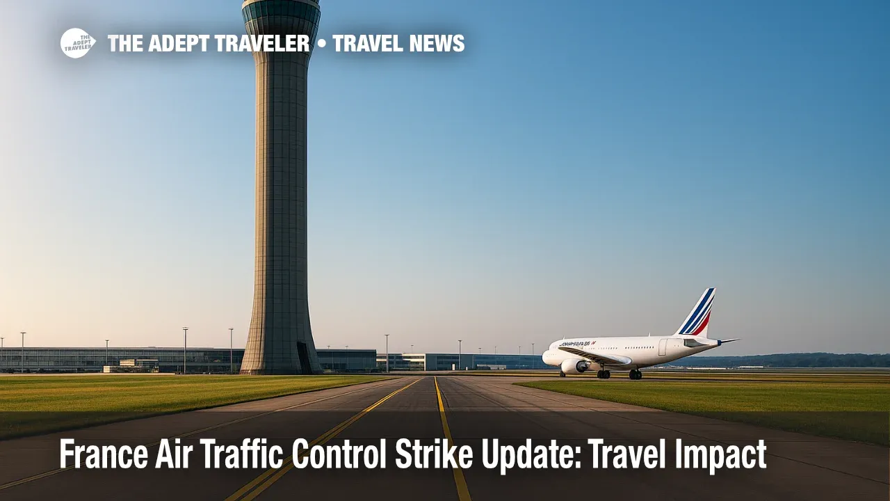 Low-angle view of Charles de Gaulle Airport control tower under clear sky during France air traffic control strike impact.