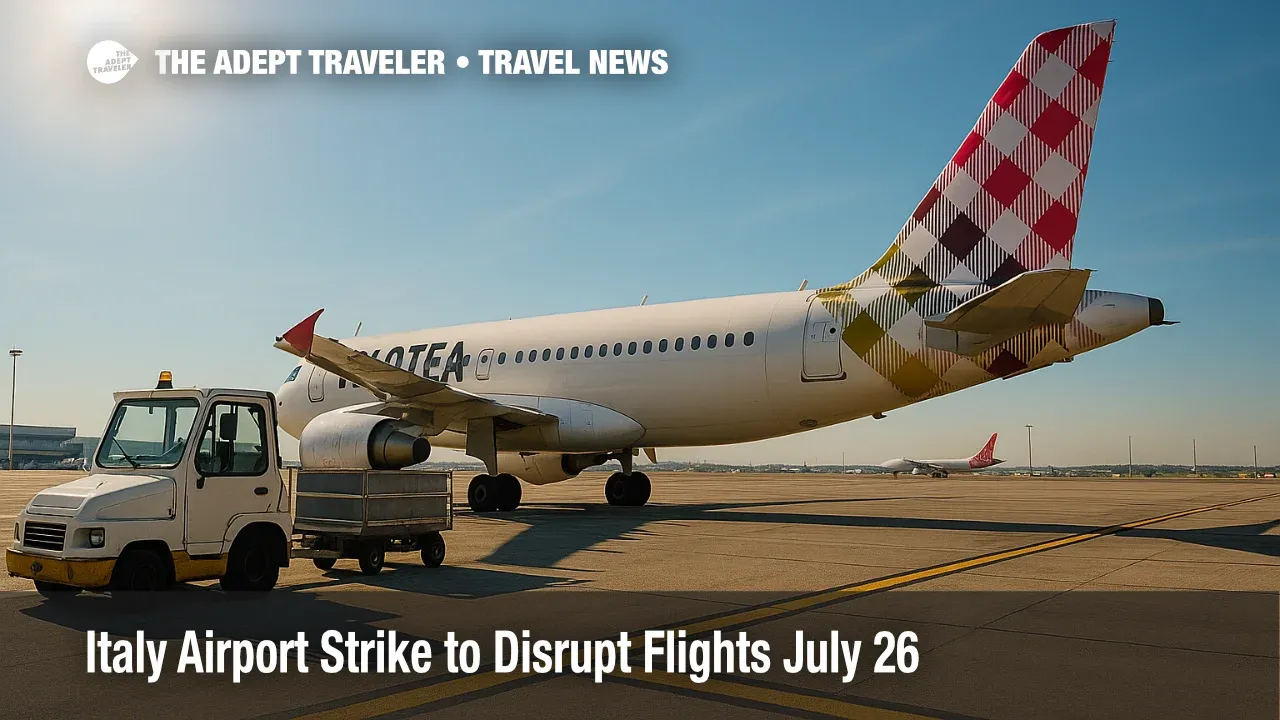 A Volotea jet stands idle at Rome Fiumicino as baggage equipment sits unused during the Italy airport strike.