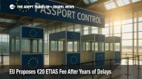 Wide-angle view of modern EU passport control booths inside an airport terminal, sunlight streaming through glass roof, illustrating Europe entry checks.
