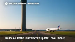 Low-angle view of Charles de Gaulle Airport control tower under clear sky during France air traffic control strike impact.