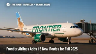 Frontier Airlines Airbus A320 at Denver gate illustrates the carrier's new routes for fall 2025, expanding low-fare options nationwide.