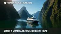 A scenic cruise boat glides through Milford Sound’s emerald water beneath dramatic cliffs—perfect inspiration for South Pacific tours 2026.
