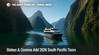 A scenic cruise boat glides through Milford Sound’s emerald water beneath dramatic cliffs—perfect inspiration for South Pacific tours 2026.