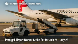 Ground-handling tug and baggage conveyor sit idle under a TAP Air Portugal jet at Lisbon Airport during planned airport worker strike.