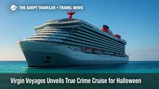 Virgin Voyages' Valiant Lady glides across vivid Caribbean waters ahead of its Halloween True Crime Cruise this October.