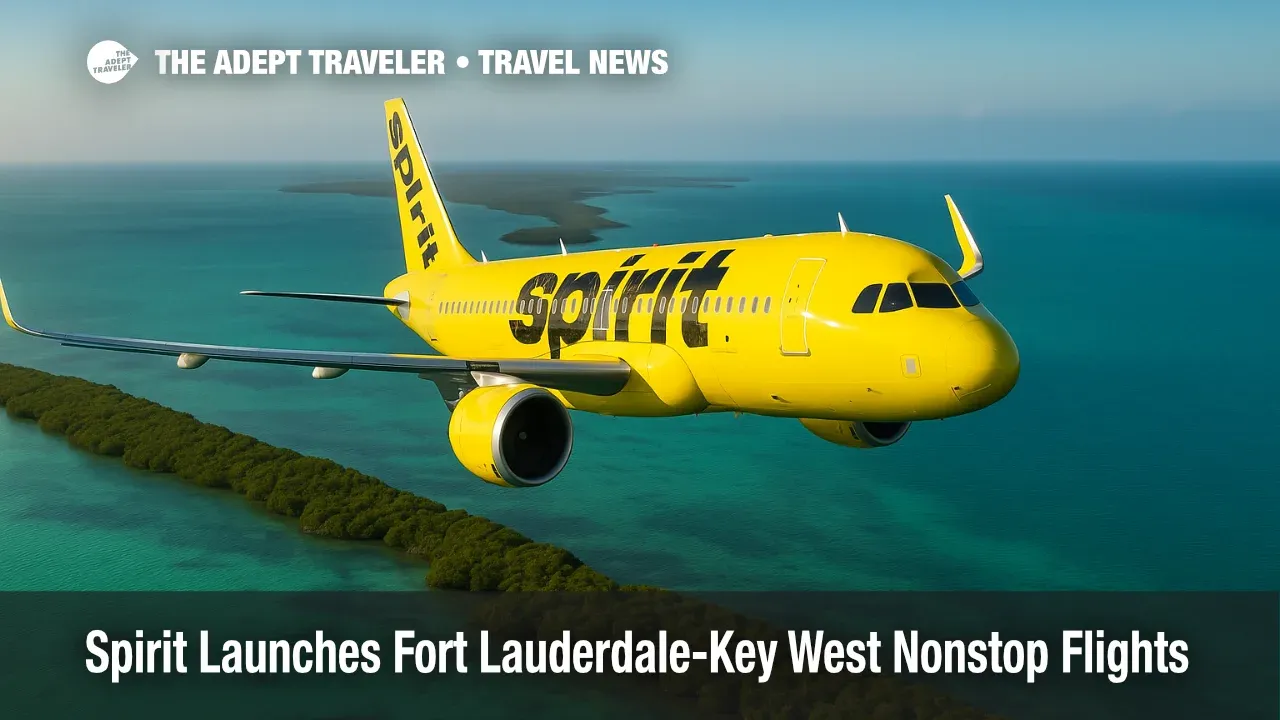 Spirit Airlines Airbus A320 arcs above the turquoise shallows of Key West, illustrating the new Fort Lauderdale - Key West nonstop route.