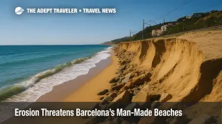 Aerial view shows Montgat beach erosion, highlighting Barcelona coastline erosion and rising sea levels under clear skies.