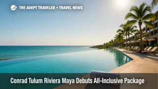 Infinity pool at Conrad Tulum Riviera Maya glistens under Caribbean sun, showcasing the new Summer All-Inclusive package.