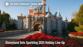 Twinkling Sleeping Beauty Castle shining with holiday lights during Holidays at Disneyland Resort celebration.