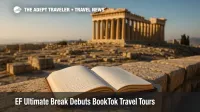Open travel journal overlooking the Parthenon illustrates EF Ultimate Break’s new BookTok travel tours for young adult readers.