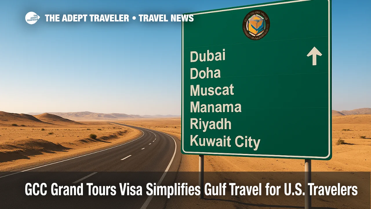 Road-trip scene shows a desert highway and sign listing six Gulf capitals, illustrating the GCC Grand Tours Visa's multi-country convenience for U.S. travelers.