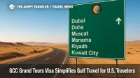 Road-trip scene shows a desert highway and sign listing six Gulf capitals, illustrating the GCC Grand Tours Visa's multi-country convenience for U.S. travelers.
