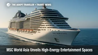 Front-side view of MSC World Asia cruise ship gliding across calm blue sea under a clear morning sky.