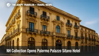 Sun-lit Baroque façade of NH Collection Palermo Palazzo Sitano on Via Vittorio Emanuele, new Palermo boutique hotel opening.