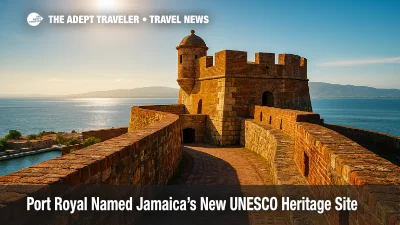 Sweeping view of Fort Charles and Kingston Harbour at Port Royal UNESCO World Heritage Site under bright Caribbean sun.