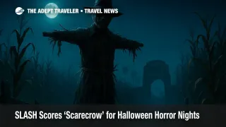 Haunting scarecrow looms in moonlit cornfield at Universal Studios Hollywood Halloween Horror Nights.