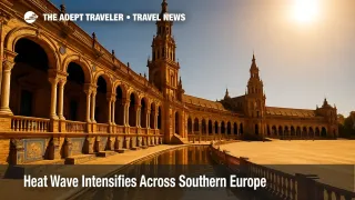 A sun-scorched Plaza de España in Seville shimmers under extreme heat during the southern European heat wave.