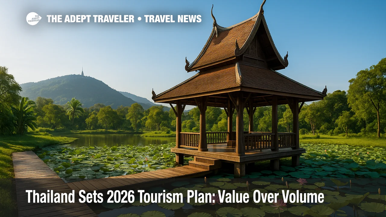 Serene Thai wellness pavilion amid lush mountains embodies "Thailand 2026 tourism strategy" focus on healing and quality experiences.