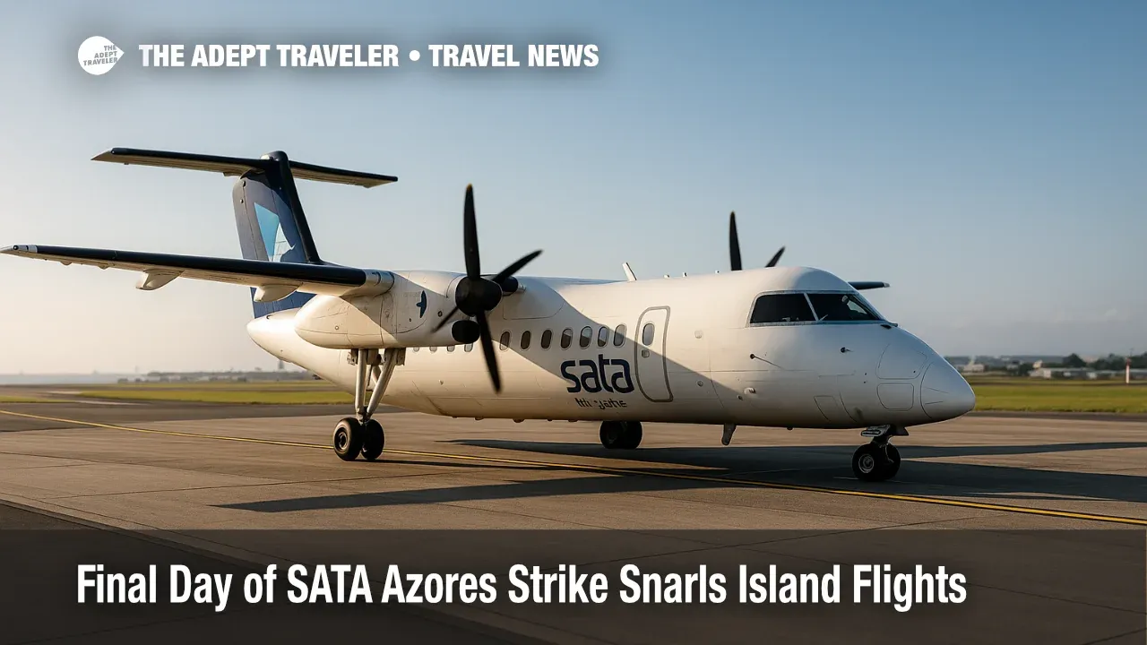 A SATA Air Açores Dash 8 taxiing at João Paulo II Airport under clear skies during the final day of the Azores strike.