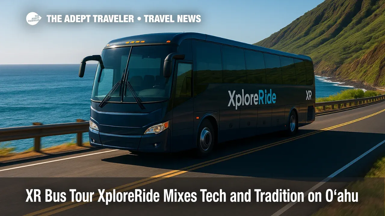 A sleek XploreRide bus hugs Oʻahu's coast as the XR bus tour Oʻahu merges real scenery with virtual stories.