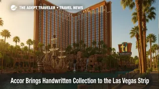 Treasure Island hotel tower and pirate-ship lagoon glow under the Las Vegas sun, illustrating Accor's Handwritten Collection debut on the Strip.