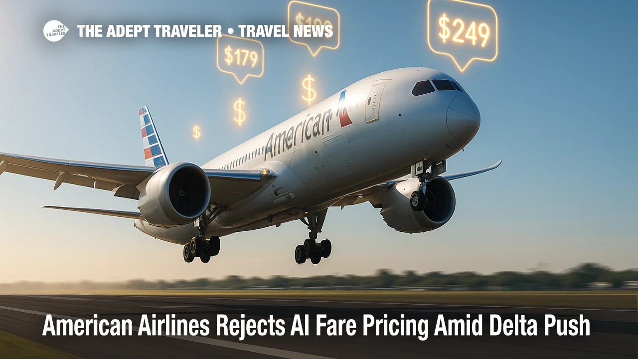 American Airlines jet climbs over runway while stylized digital price icons illustrate debate on AI-based fare pricing.