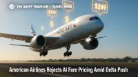 American Airlines jet climbs over runway while stylized digital price icons illustrate debate on AI-based fare pricing.