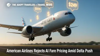 American Airlines jet climbs over runway while stylized digital price icons illustrate debate on AI-based fare pricing.