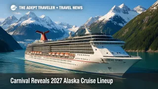 Carnival Spirit sails through glacier-lined Alaskan fjord under clear sky, highlighting Carnival 2027 Alaska cruises lineup.