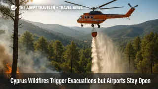 Firefighting helicopter drops water over burning hillside near Limassol during intense Cyprus wildfires.