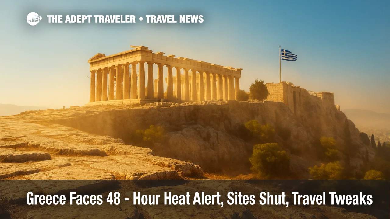 The Acropolis shimmers under a heat haze during Greece's extreme heatwave, illustrating travel impacts and heat stress.