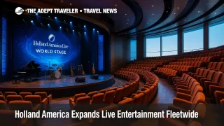 World Stage aboard Nieuw Statendam readied for new Holland America Line entertainment program, empty theater seats.