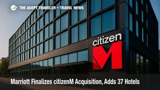 Exterior of a citizenM hotel showcasing modern glass façade and red logo, illustrating the Marriott citizenM acquisition.