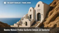 White-washed Neema Maison Finikia Santorini overlooks the Aegean Sea, showcasing boutique hotel's fashion-inspired design and tranquil setting.