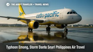 Cebu Pacific jet grounded at Manila airport amid weather-related flight cancellations from Typhoon Emong and Tropical Storm Dante.