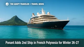Le Jacques Cartier anchored in a turquoise lagoon near Raivavae, illustrating Ponant's expanded expedition cruises in French Polynesia.