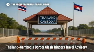 Closed Thailand-Cambodia border gate under sunny sky, illustrating today's military clash travel advisory.