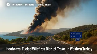 Smoke billows above the İzmir-Çeşme highway as intense heatwave-driven wildfires disrupt Turkey travel plans.