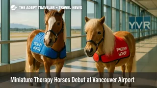 Magic and Tinkerbell, two miniature therapy horses, stand in a sunlit YVR concourse, offering calm to travelers.