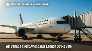 An Air Canada Boeing 787 parked at Toronto Pearson gate illustrates the flight attendants strike vote atmosphere.