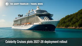 Celebrity Xcel sails a sunlit tropical channel, spotlighting Celebrity Cruises 2027-28 deployment calendar announcement.